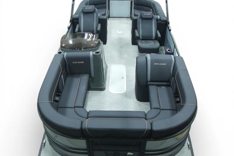 Slide: The Image of 2026 Sylvan MIRAGE X-3 pontoon boat interior with luxurious seating and modern design. - 18