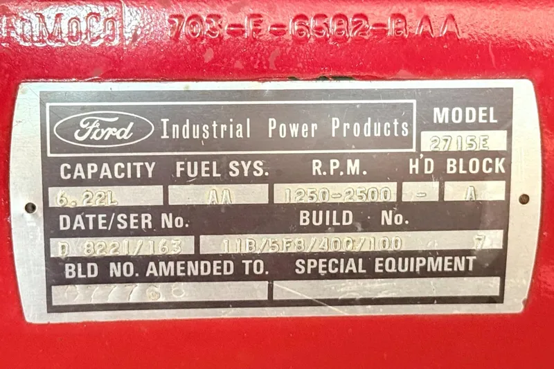 Slide: The Image of Ford Industrial Power Products engine plate, model 2715E, capacity 6.22L, for 1978 Marine Trader Europa. - 34