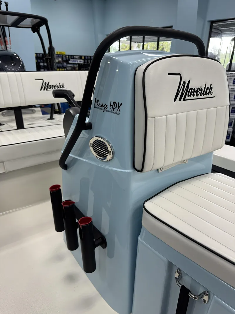 Slide: The Image of 2026 Maverick HPX-S boat with white seat and fishing rod holders. - 12