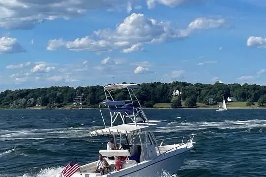 Slide: The Image of 2005 Stamas 310 Tarpon boat cruising on a scenic lake under a blue sky. - 13