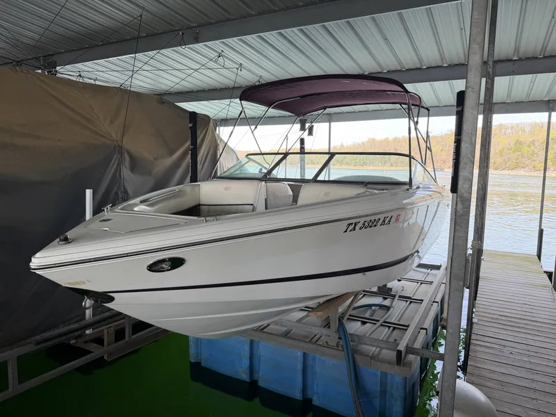 Slide: The Image of 2004 Cobalt 220 boat docked, white with purple canopy. - 3