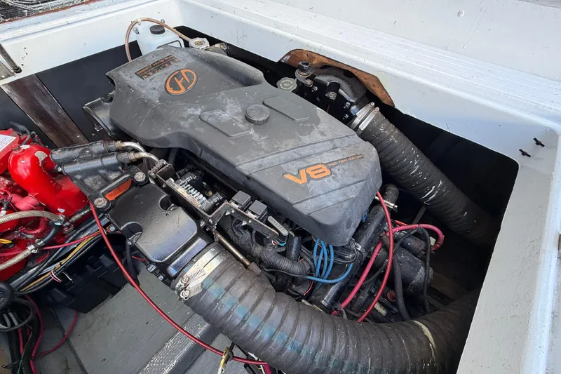 Slide: The Image of 1973 Chris-Craft 30 Tournament FB V8 engine with visible wiring and components. - 28