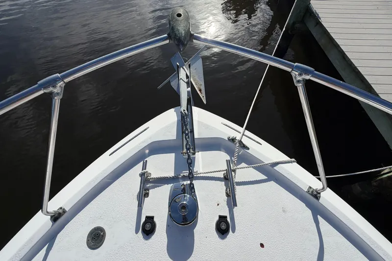 Slide: The Image of Bow view of 1973 Chris-Craft 30 Tournament FB boat with anchor and railing. - 4