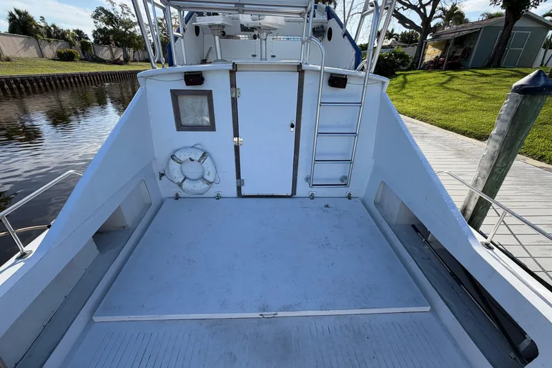 Slide: The Image of 1973 Chris-Craft 30 Tournament FB boat deck with ladder and life preserver by the water. - 5