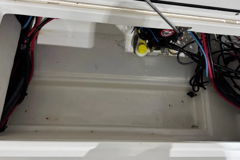 Slide: The Image of 2017 Mako 21 LTS boat compartment with wiring and pump components. - 29