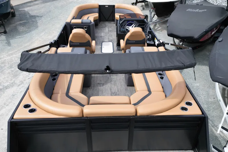 Slide: The Image of 2025 Viaggio Lago X-U 24 pontoon boat with luxurious seating and modern design. - 10