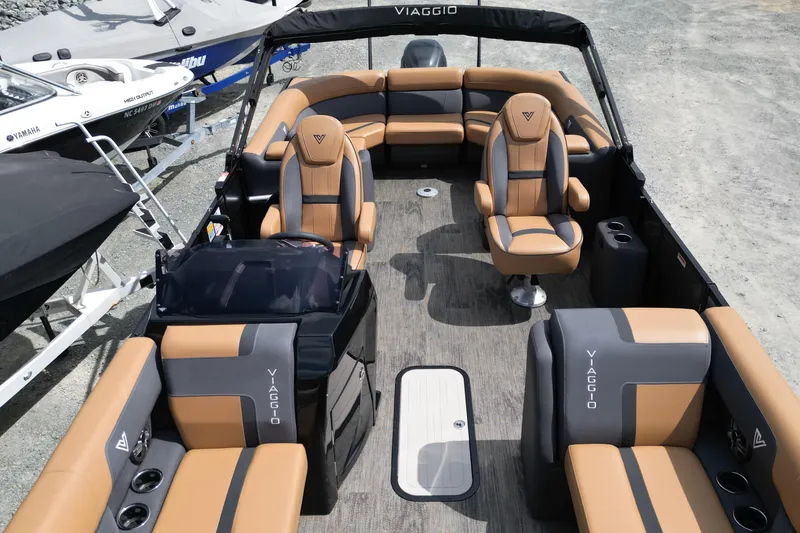 Slide: The Image of 2025 Viaggio Lago X-U 24 pontoon boat with luxurious seating and modern design. - 8