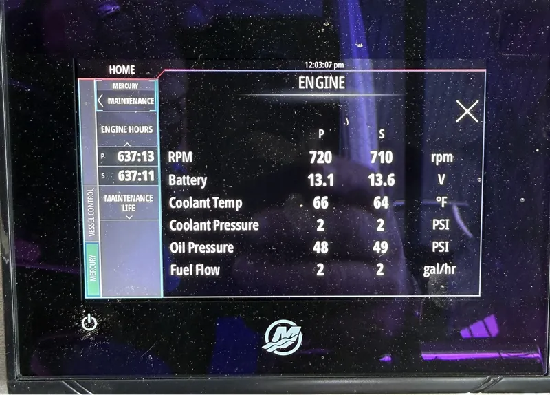 Slide: The Image of Engine display of a 2008 Cruiser Yachts 420 showing hours and engine data. - 42