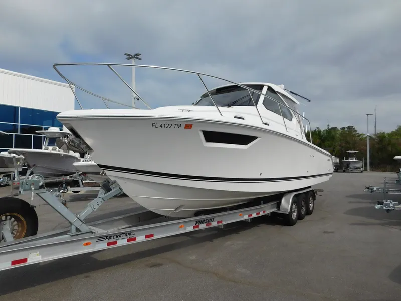 The Image of 2023 Pursuit OS 325 Offshore on trailer, side view. - 1