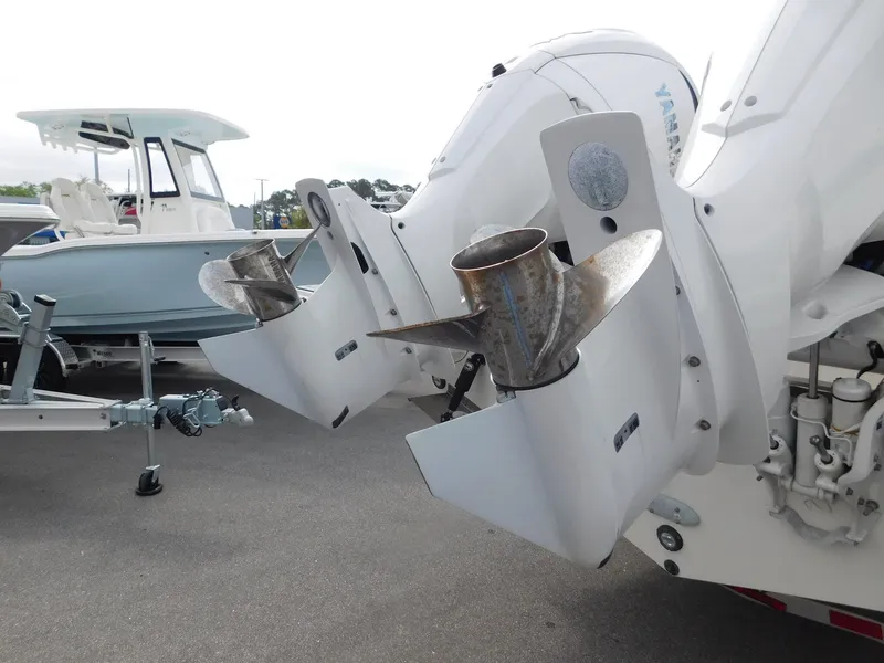 Slide: The Image of 2023 Pursuit OS 325 Offshore boat engines and propellers. - 5