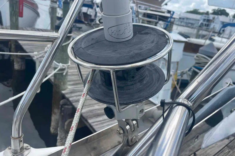 Slide: The Image of Close-up of a Hunter 410 sailboat's rigging system at a marina, year 2000. - 65