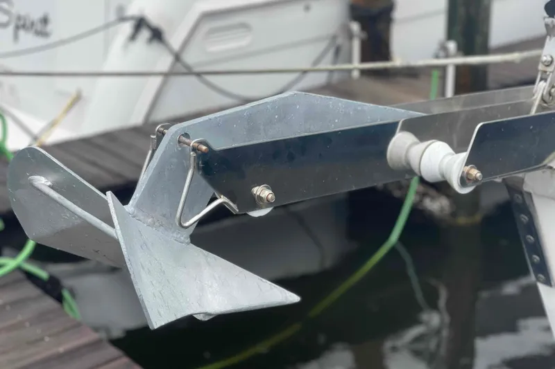 Slide: The Image of Close-up of a Hunter 410 boat anchor, year 2000, docked at a marina. - 66
