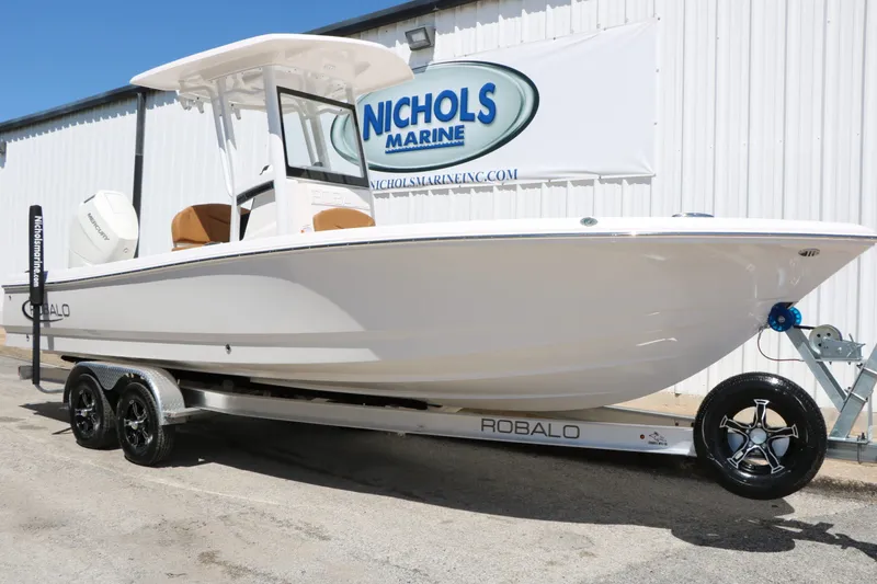 Slide: The Image of 2026 Robalo 246 Cayman boat on trailer at Nichols Marine. - 3