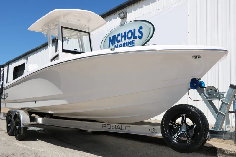 Slide: The Image of 2026 Robalo 246 Cayman boat on trailer at Nichols Marine. - 4