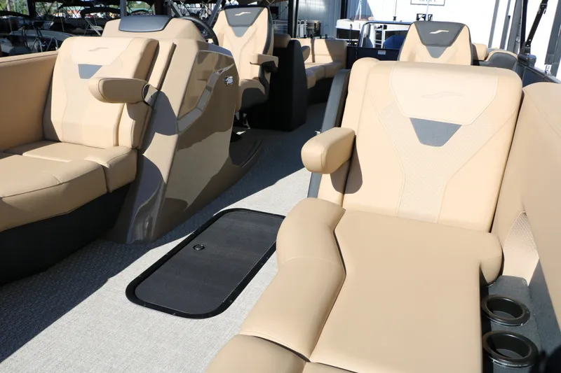 Slide: The Image of Luxurious seating in the 2026 Evotti 525 QL Tri Toon pontoon boat. - 36