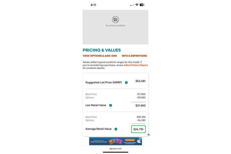 Slide: The Image of Pricing details for 2005 Monterey 250 Cruiser, average retail value $24,735. - 19