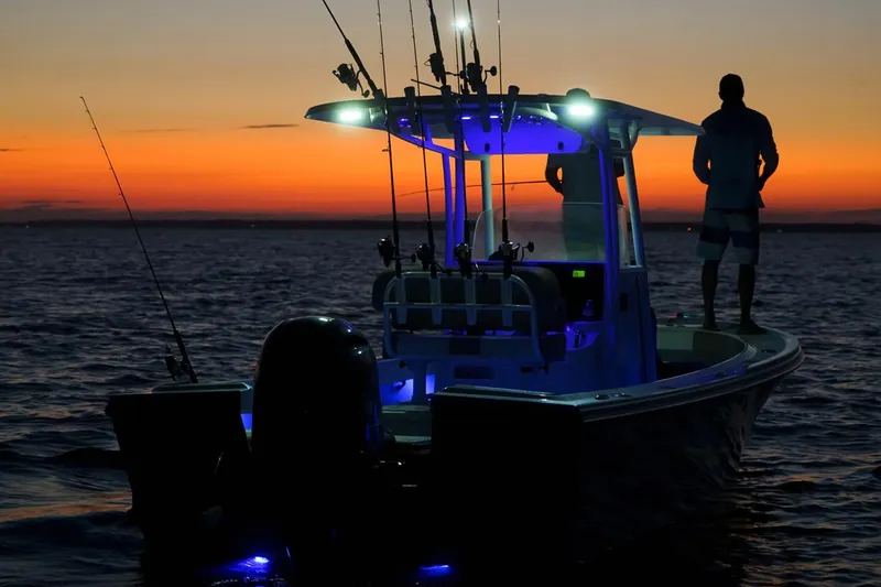 Slide: The Image of Manufacturer Provided Image: Parker 23 Special Edition boat at sunset, 2019 model, with fishing gear and blue lights. - 7