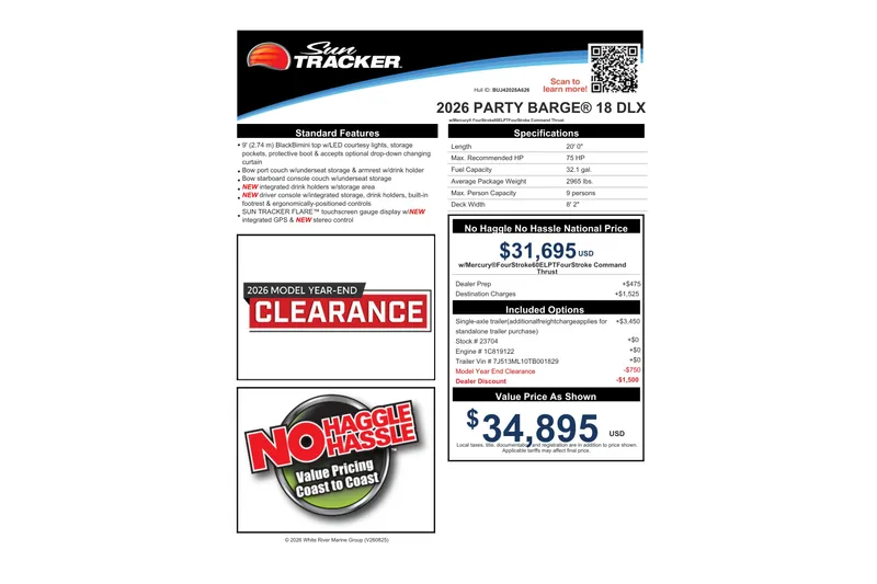 Slide: The Image of 2026 Sun Tracker Party Barge 18 DLX boat features, pricing, and year-end clearance details. - 68