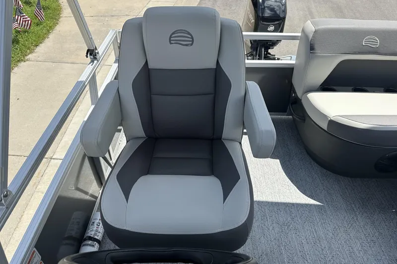 Slide: The Image of 2026 Sun Tracker Bass Buggy 16 XL Select boat seat, gray and black upholstery. - 13