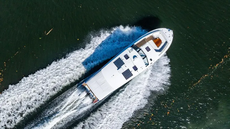 Slide: The Image of Aerial view of 2024 MJM 4 yacht cruising on open water. - 56
