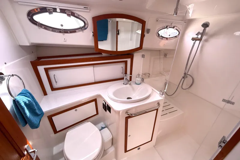 Slide: The Image of Luxurious bathroom on a 2018 Back Cove 41 yacht. - 18