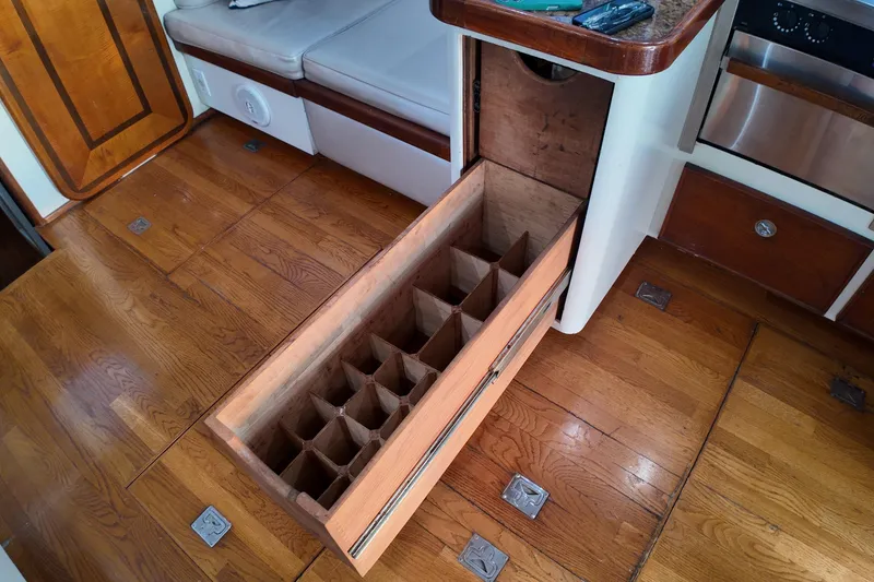 Slide: The Image of Open drawer with dividers in 1999 Anderson Downeast Aluminum Fast Trawler interior. - 44