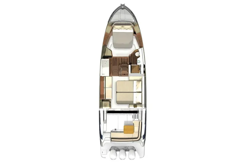 Slide: The Image of Top view of 2021 Regal 42 XO yacht interior layout, showcasing spacious cabins and seating areas. - 17
