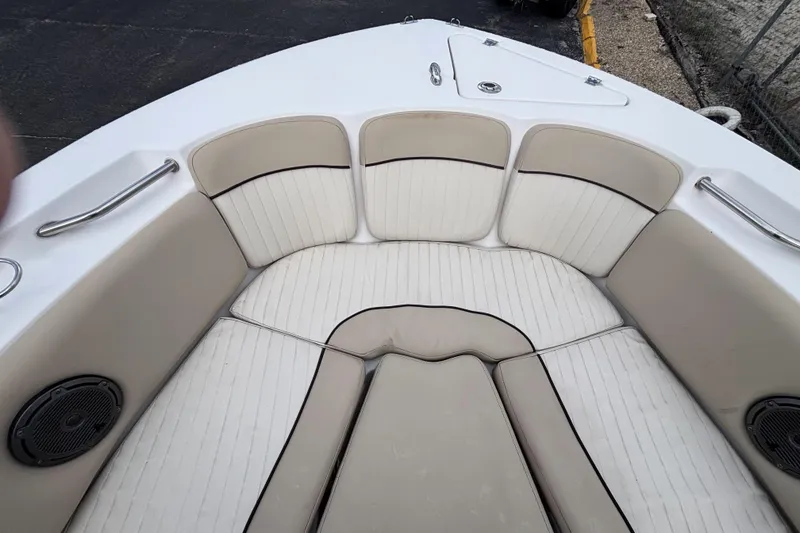 Slide: The Image of 2019 Sea Fox 226 Traveler boat interior with cushioned seating and speakers. - 43