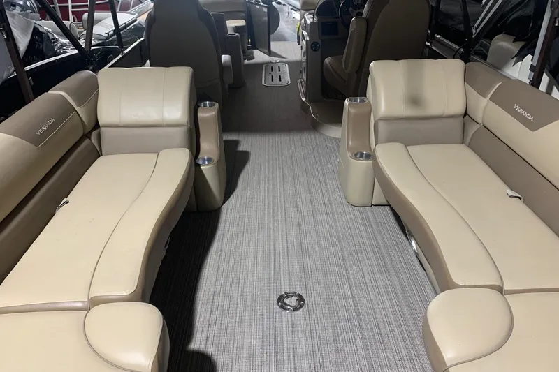 Slide: The Image of 2019 Veranda Relax VR25RC boat interior with beige seating and modern design. - 7