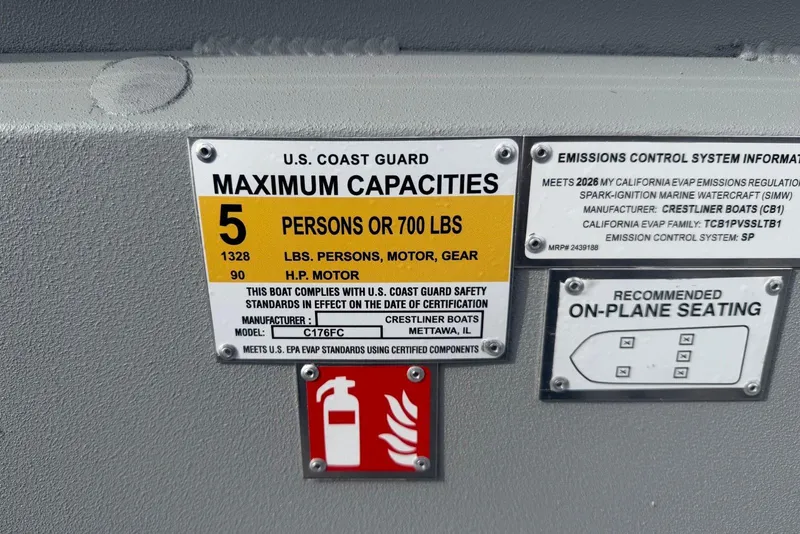 Slide: The Image of U.S. Coast Guard capacity label on 2026 Crestliner 1760 Retriever FCC boat. - 11