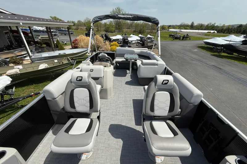 Slide: The Image of 2025 Princecraft Sportfisher 21-2S pontoon boat with spacious seating and modern design. - 3