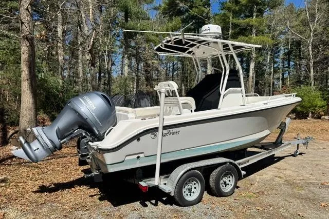 Slide: The Image of 2021 Edgewater 208CC boat on trailer in wooded area. - 6