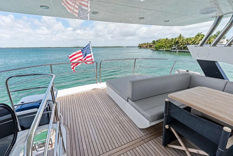 Slide: The Image of Sunseeker 75 Sport Yacht 2018 deck with seating, ocean view, and American flag. - 27