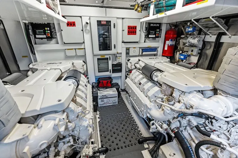 Slide: The Image of Engine room of 2018 Sunseeker 75 Sport Yacht with dual engines and control systems. - 68