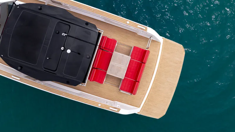 Slide: The Image of Aerial view of 2023 Pardo Yachts 38 with red seating. - 12