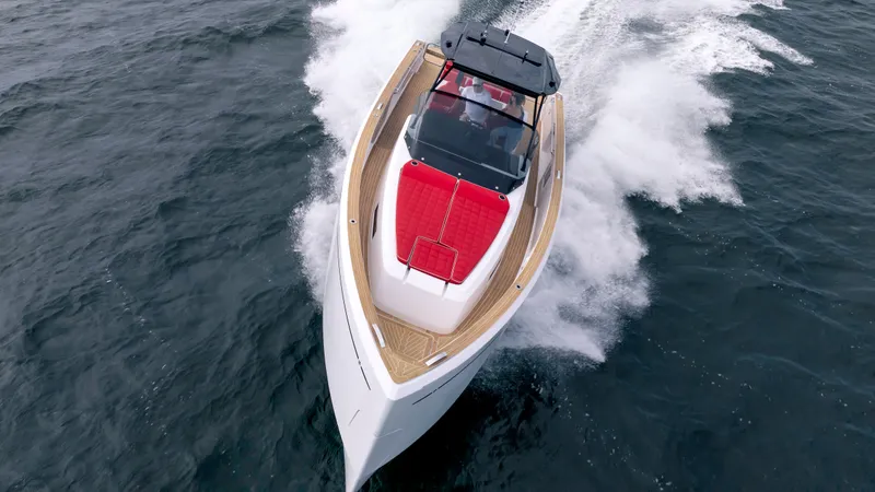 Slide: The Image of 2023 Pardo Yachts 38 cruising on open sea, aerial view. - 18