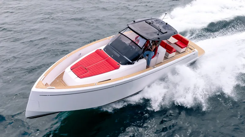 Slide: The Image of 2023 Pardo Yachts 38 cruising on water, featuring luxurious design. - 19