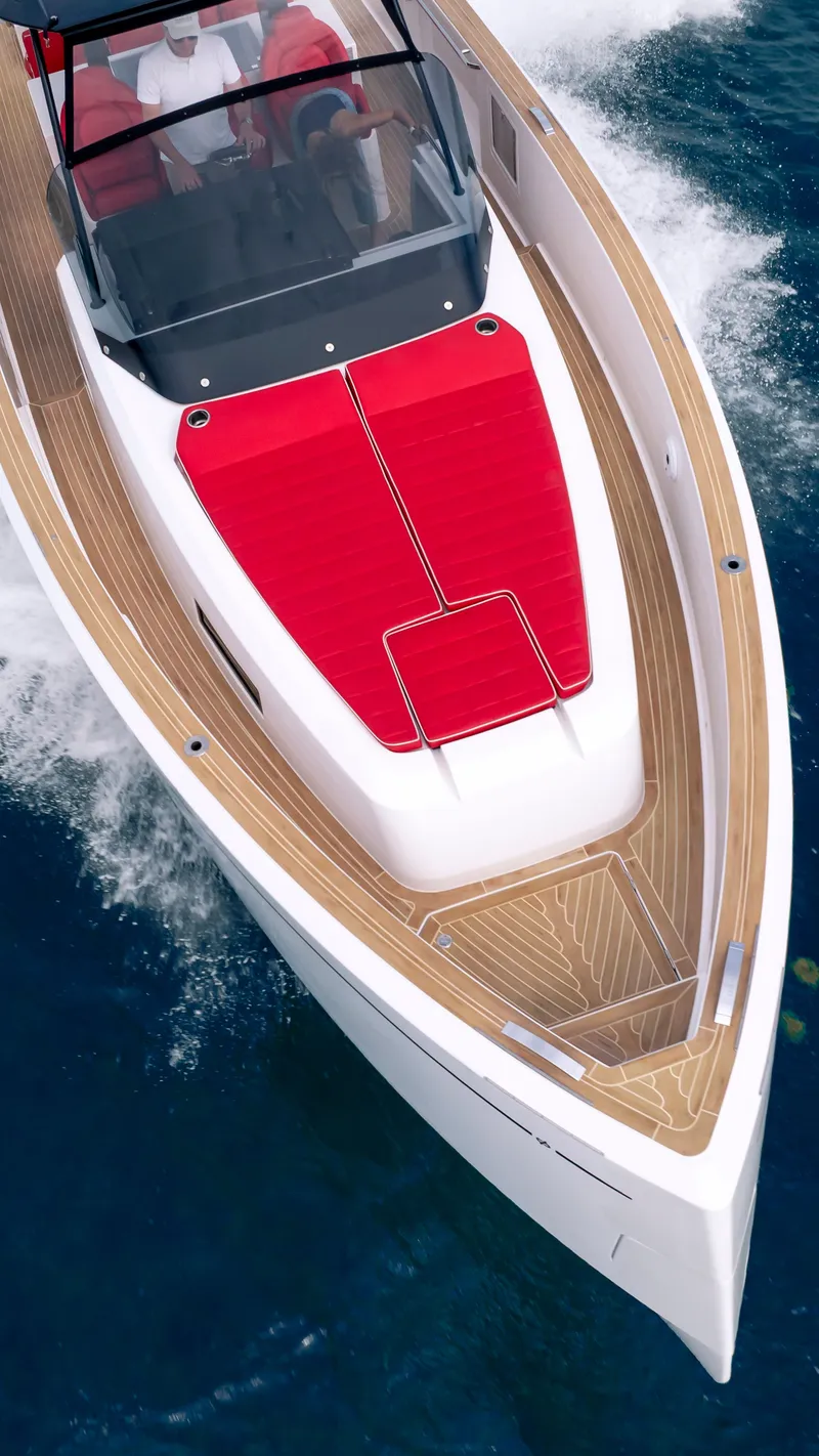 Slide: The Image of Aerial view of 2023 Pardo Yachts 38 cruising on water. - 21