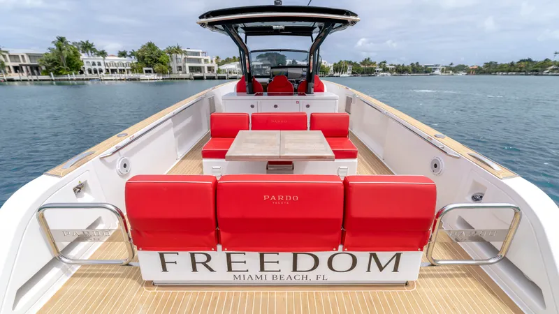 Slide: The Image of 2023 Pardo Yachts 38 with red seating, Miami Beach. - 29