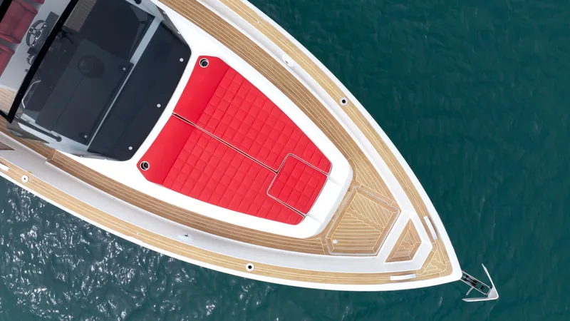 Slide: The Image of Aerial view of 2023 Pardo Yachts 38 with red sun deck. - 3