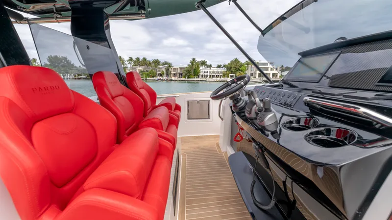Slide: The Image of Luxurious interior of Pardo Yachts 38, 2023 with red seats. - 32