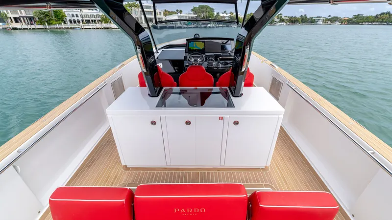 Slide: The Image of 2023 Pardo Yachts 38 with red seating and sleek design. - 41