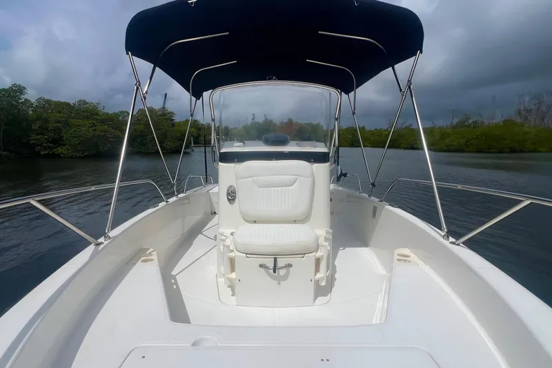 Slide: The Image of 2008 Boston Whaler 200 Dauntless boat with canopy on calm water. - 11