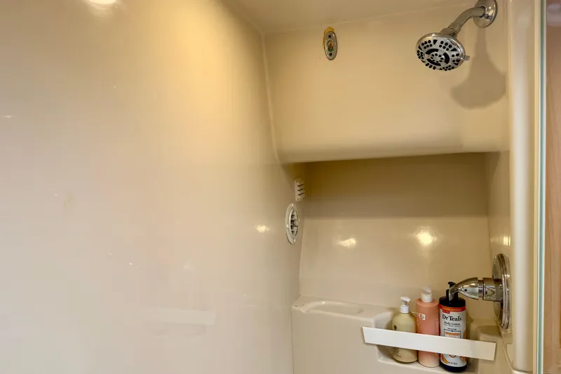 Slide: The Image of Shower area in 2003 Riviera 40 Flybridge yacht with toiletries and showerhead. - 45
