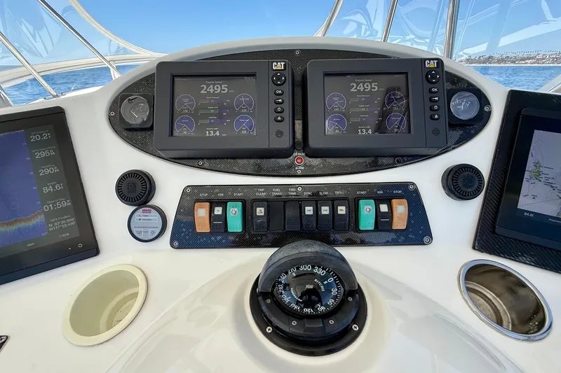 Slide: The Image of Control panel of a 2003 Riviera 40 Flybridge yacht with navigation instruments. - 58