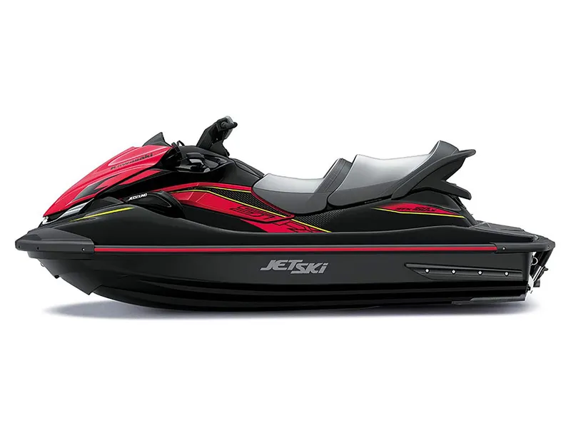 Slide: The Image of 2025 Kawasaki Jet Ski STX 160LX in black and red. - 3