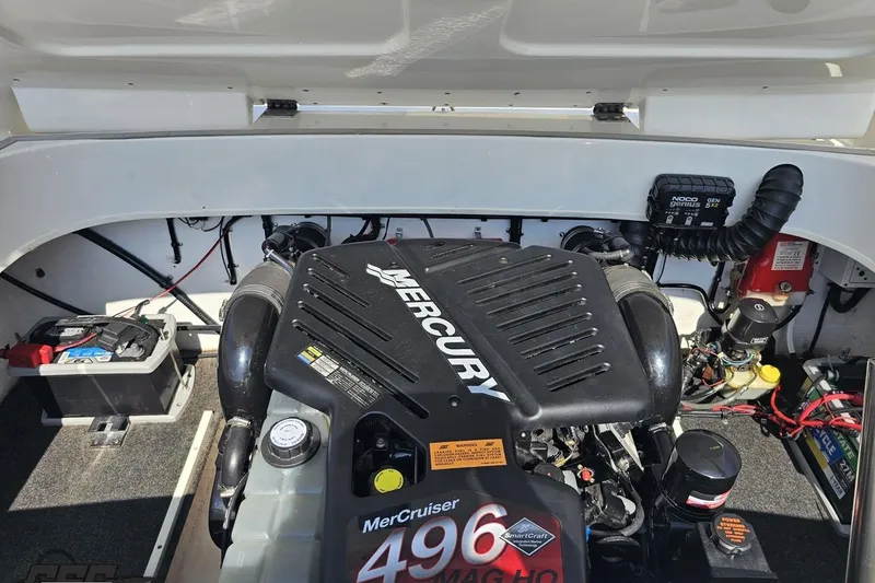 Slide: The Image of Engine compartment of a 2001 Powerquest 280 Silencer with Mercury 496 MAG HO engine. - 76