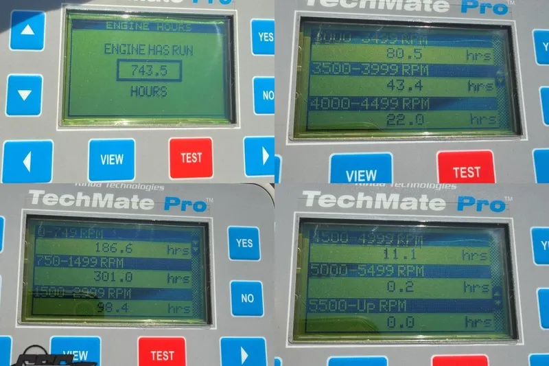 Slide: The Image of TechMate Pro engine diagnostics display for 2001 Powerquest 280 Silencer, showing engine hours and RPM data. - 79