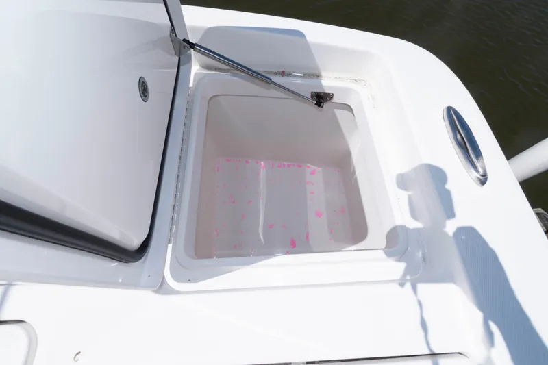 Slide: The Image of Open storage compartment on 2021 Regulator 26XO boat with pink residue inside. - 26