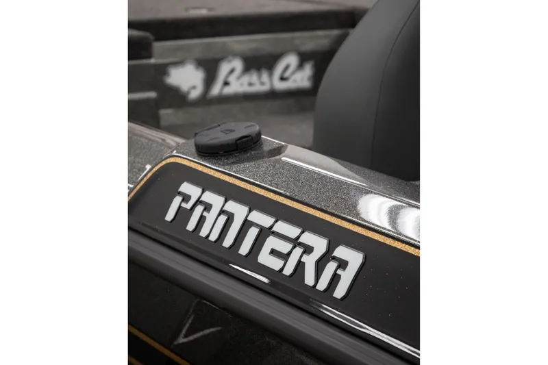 Slide: The Image of 2027 Bass Cat Pantera boat detail with logo and sleek design. - 11